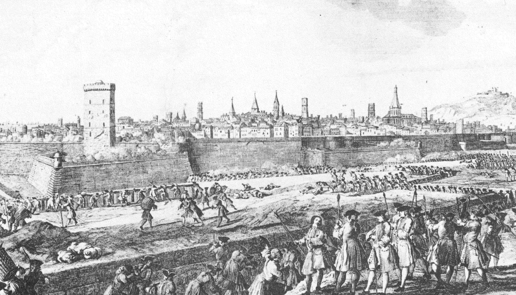 Barcelona in 1714, seen from the Bourbon siege lines.